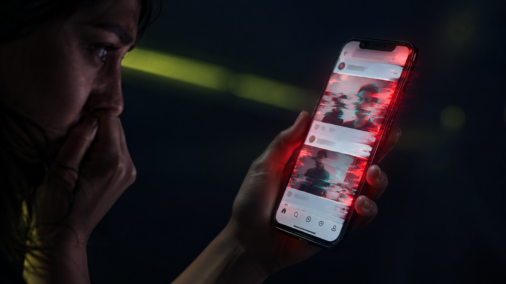 Celular com ícone de alerta sutil sobre a tela do Instagram, ambiente escuro tecnológico com leve luz verde-limão